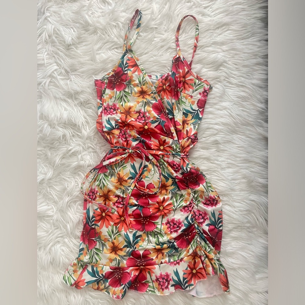 Floral Sleeveless Dress - Red and Green S/M